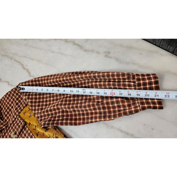 GiGio Shirt Women's Yellow Brown Patchwork Floral Plaid Top, Large - Picture 8 of 10